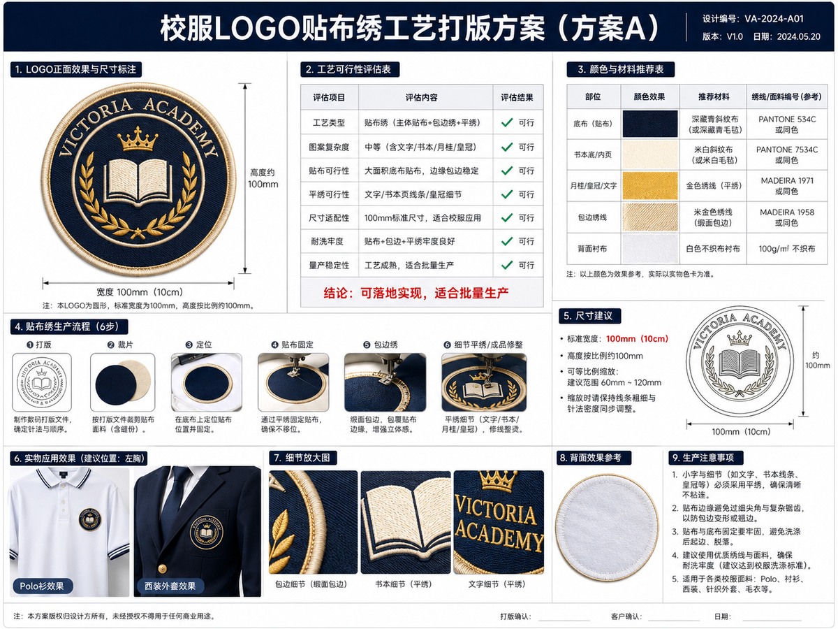 Applique embroidery school crest sample