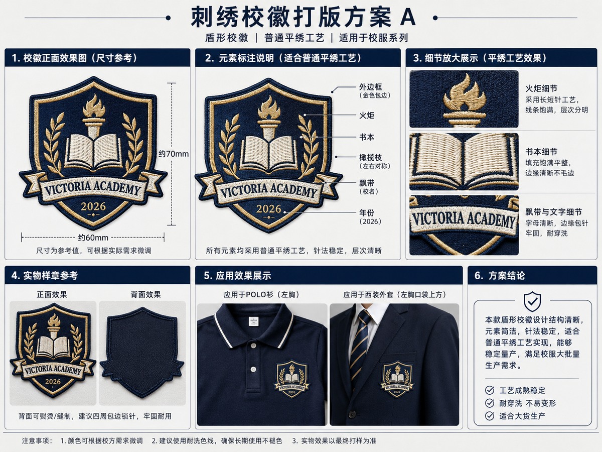 Flat embroidery school crest sample